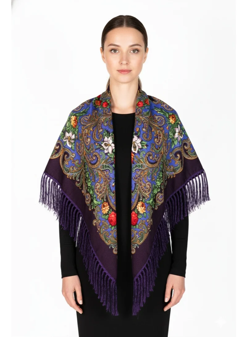 بيداني وشاح أرجواني بنقوش زهور شعبية متعددة الألوان